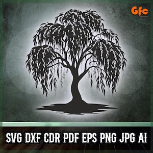 Pilträdssilhuett SVG DXF – Gråtande trädkonst – Laserskuren och utskrivbar design