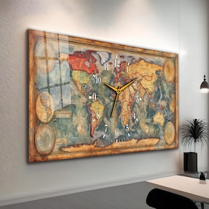 May include: A large rectangular wall clock with a world map design. The clock face has a vintage-style map with a wooden frame. The clock hands are gold, and the numbers are white. The clock is mounted on a white wall, suitable for a home or office.