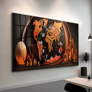 May include: A large wall clock with a world map design. The clock face is black with gold continents and gold clock hands. The clock is framed in a dark, glossy material, with decorative elements. The clock would look great in a living room.