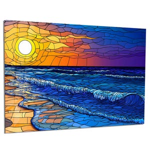 May include: A stained glass style artwork depicting a beach scene at sunset. The sun is a bright yellow circle, and the sky transitions from orange to purple. The ocean waves are blue, and the sand is a light orange color.