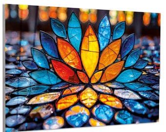 Colorful Lotus Glass Wall Art – Stained Glass Style Lotus, Luxury Modern Glass Panel