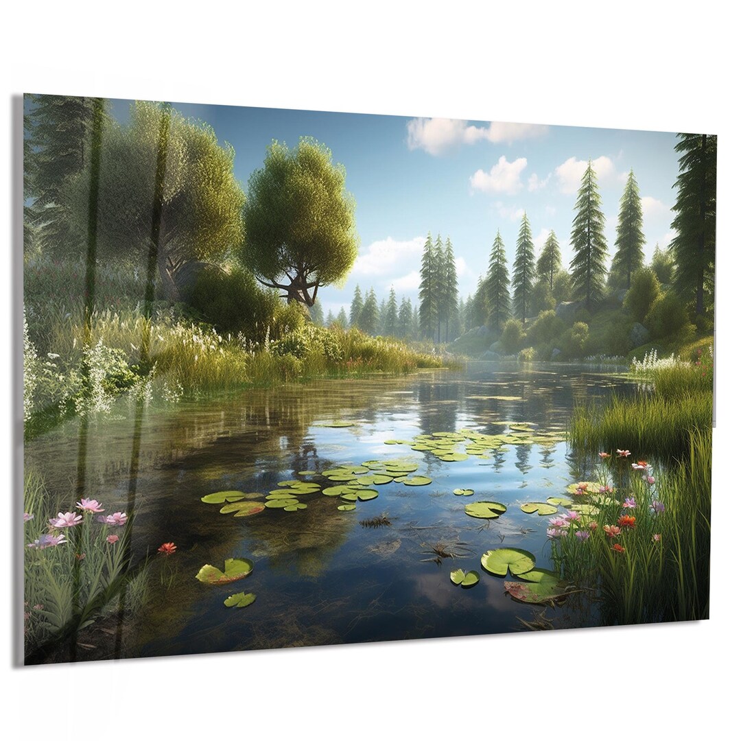 Lake Landscape Wall Art, Nature Scenery Tempered Glass Panel, Forest ...