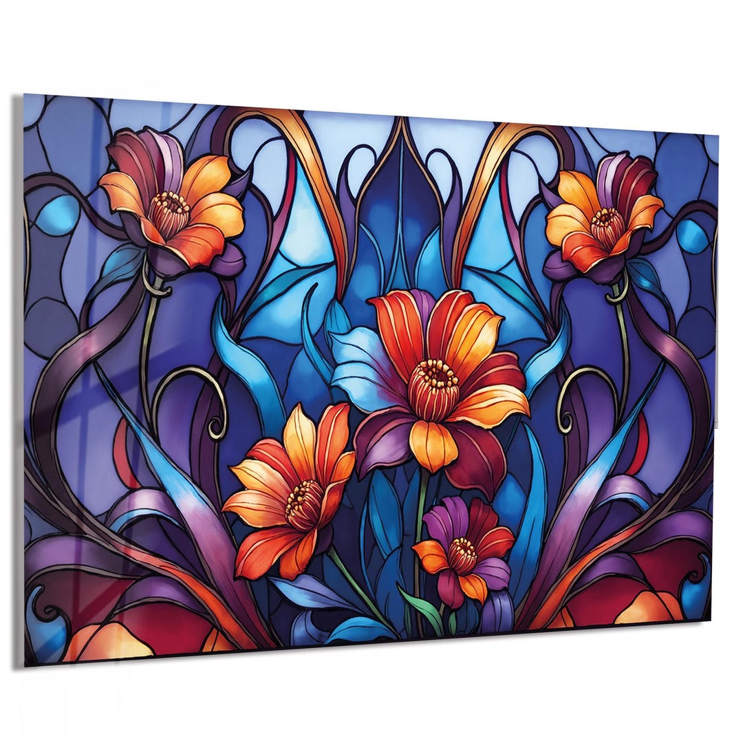 Stained Glass Art, Floral Wall Decor, Tempered Glass Art, Flower Glass ...