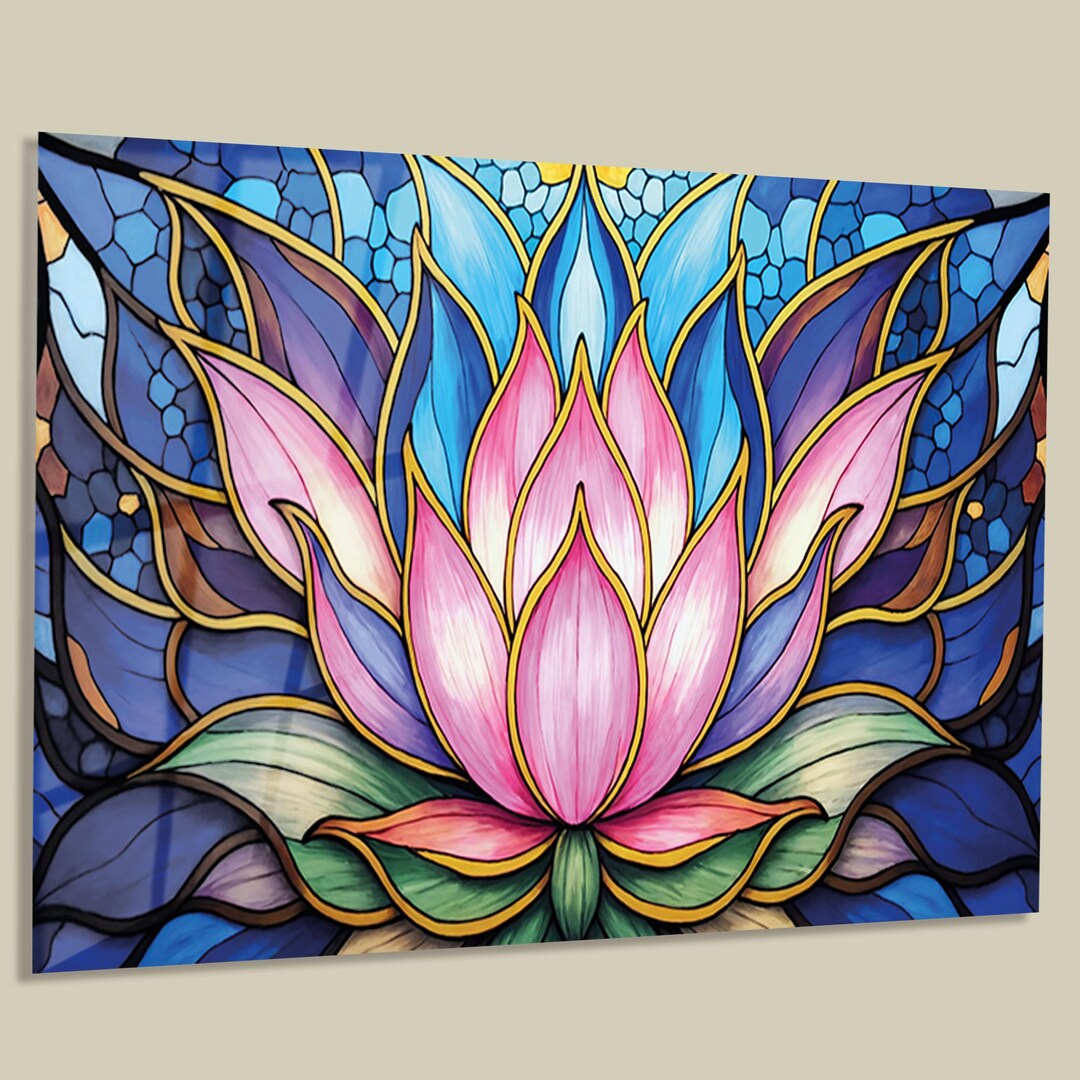 Panoramic Stained Glass Lotus Flower Art, Spiritual Zen Yoga Wall Decor ...