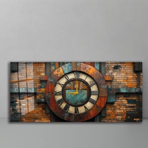 May include: A large rectangular wall clock with a distressed, industrial design. The clock face has Roman numerals and yellow hands against a teal background. The clock is set against a brick wall with rusty metal accents.