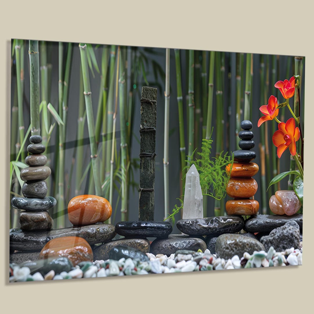 Large Glass Wall Art, Zen Stone Towers and Bamboo, Tempered Glass ...