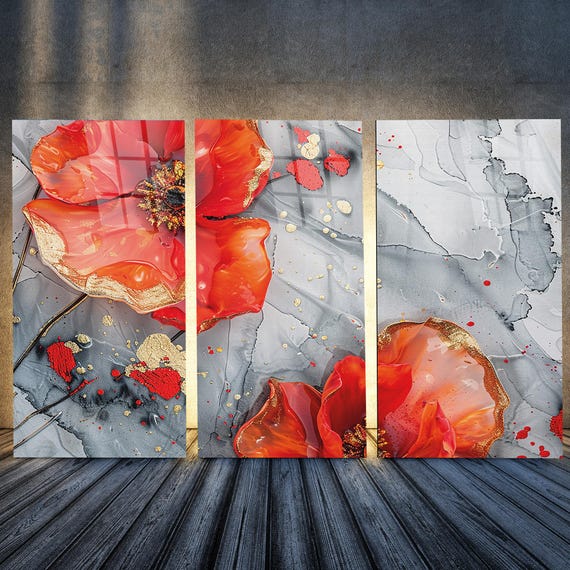 Tableau En Verre Trempé Moderne - Fleurs Orange Unique Pour Décoration Murale
