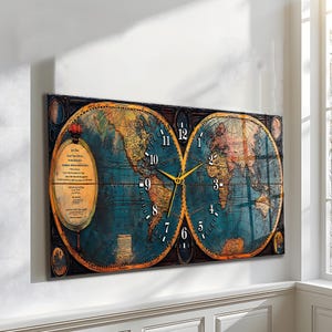 May include: A rectangular wall clock featuring a vintage world map design. The clock face is divided into two circular halves, with a blue ocean background and continents in shades of brown and yellow. Gold clock hands indicate the time.