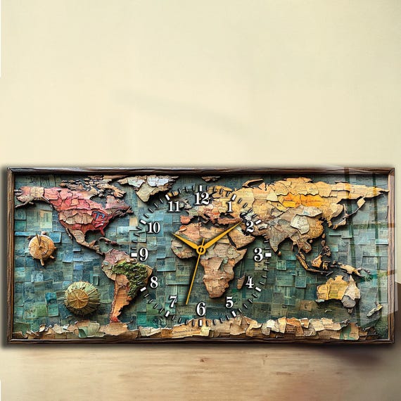 ヴィンテージの世界地図ガラス時計 - カラフルな大きな壁アート - Etsy