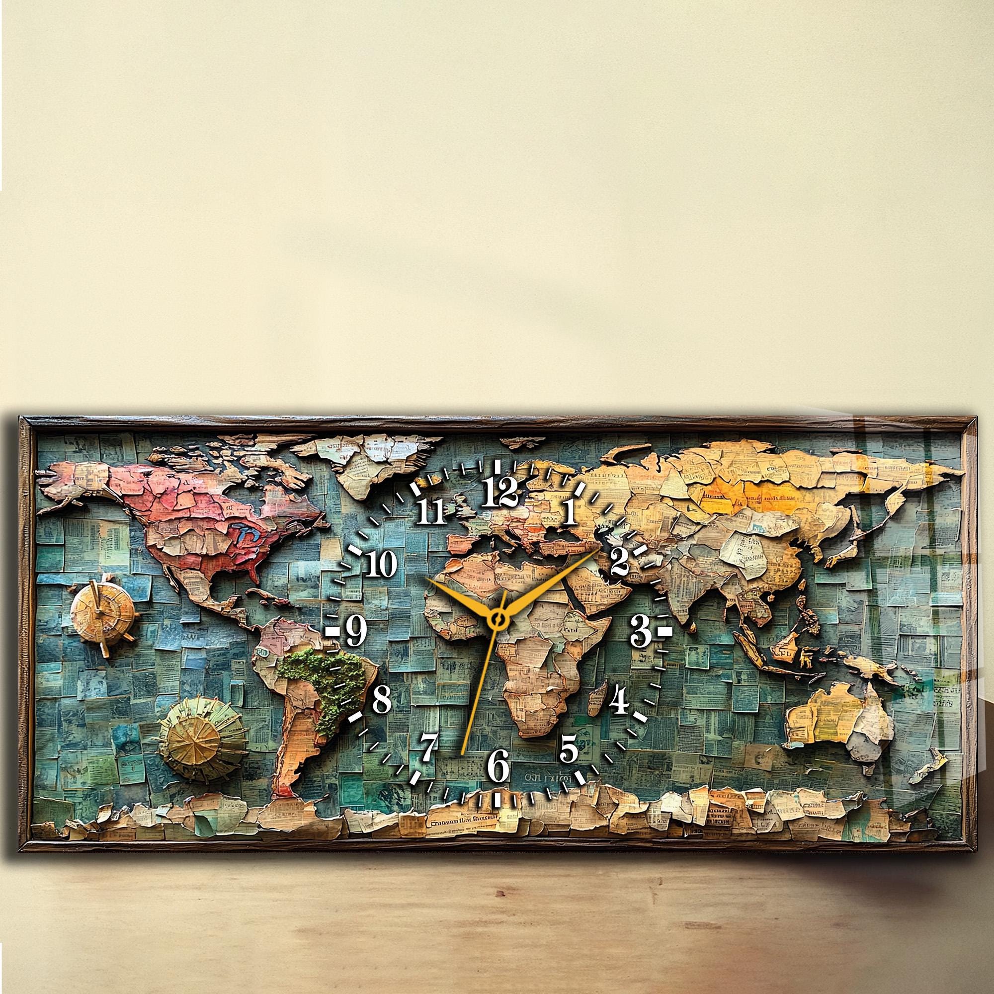 ヴィンテージの世界地図ガラス時計 - カラフルな大きな壁アート - Etsy