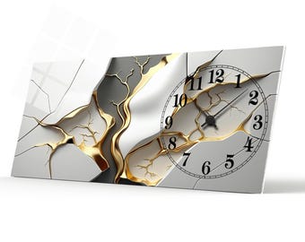 White Gold Marble Tempered Glass Wall Clock - Office Gift Home Gift Extra Large Wall Art Home decor  Marble Tempered Glass Design Wall Decor