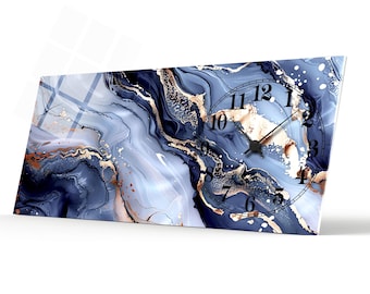 Blue Gold Marble Tempered Glass Wall Clock - Office Gift Home Gift Extra Large Wall Art Home decor  Marble Tempered Glass Design Wall Decor