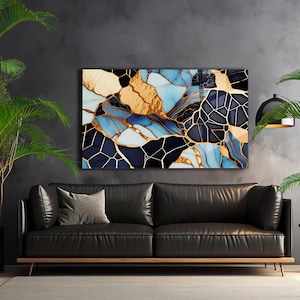 Abstract Marble Glass Wall Art: Black, White & Gold Vein Design