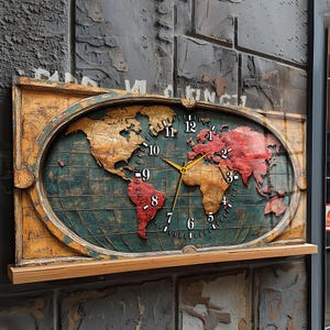 May include: A decorative wall clock featuring a world map design. The clock face has a green background with continents in red, brown, and yellow. Gold clock hands and white numerals mark the time. The clock is mounted on a wooden shelf, adding a rustic touch.