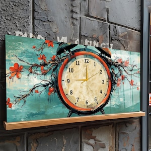 Large Glass Wall Clock, 43x20" Horizontal Tempered Glass Art, Vintage Alarm Floral Silent Clock, Oversized Rustic Modern Wall Decor