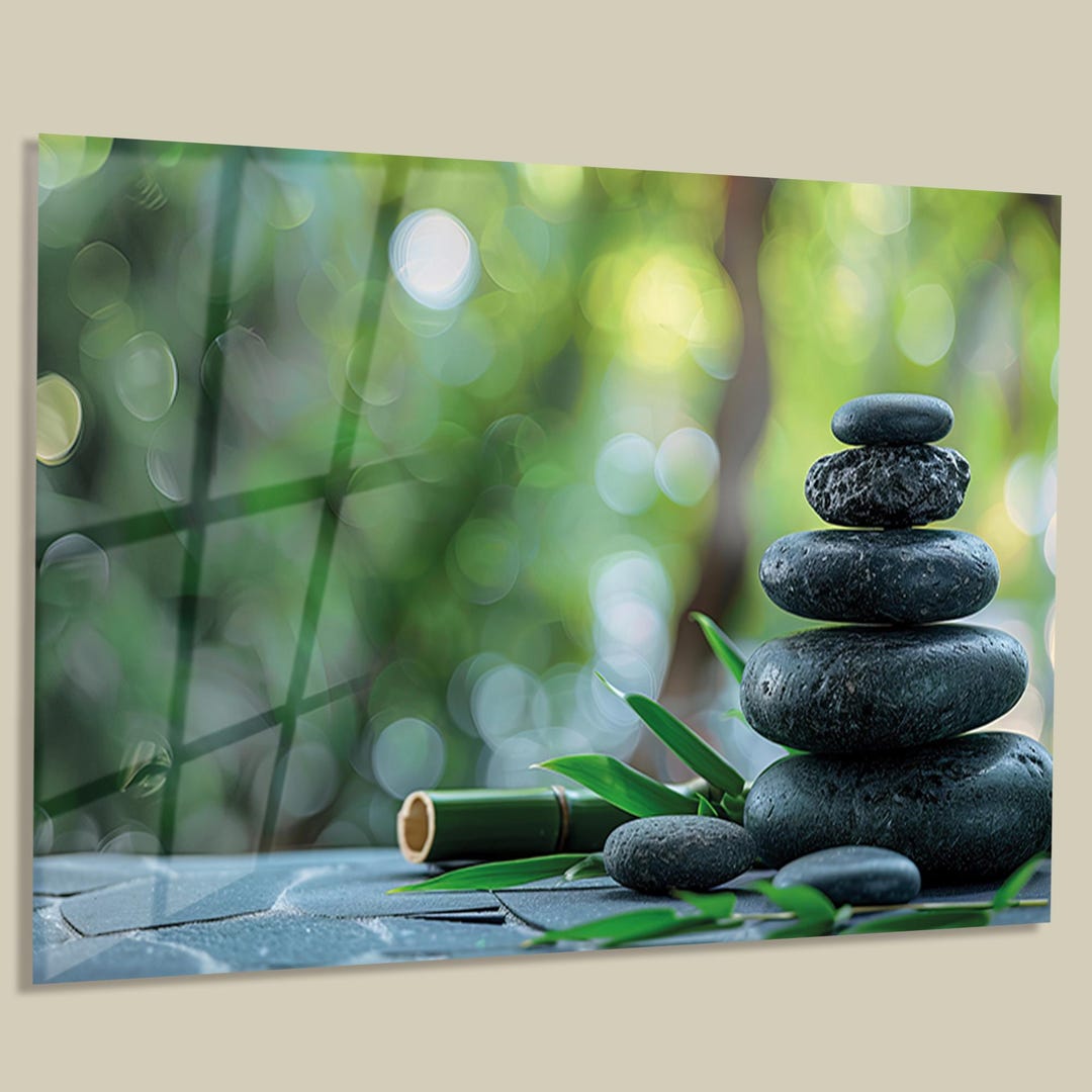Large Glass Wall Art, Balanced Black Zen Stones and Bamboo, Tempered ...