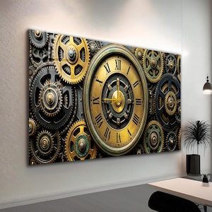 May include: A large wall art piece depicting a steampunk-style clock design. The artwork features a central clock face with Roman numerals, surrounded by intricate gears in gold, bronze, and black. The clock hands indicate a specific time.
