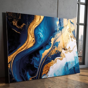 Blue Gold Abstract Tempered Glass Wall Art – Modern Luxury Home Decor