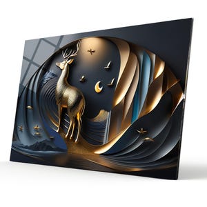 Golden Deer Tempered Glass Wall Art Abstract  -Office Home Gift- Extra Large Wall Art Home Decor, Animal Wall Decor, Unique Glass Wall Art