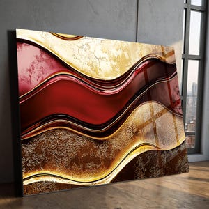 Red and Gold Wave  Abstract Wall Art – Luxury Tempered Glass Panel –Wall art prints Trendy wall art - Abstract art -Home gift wall art