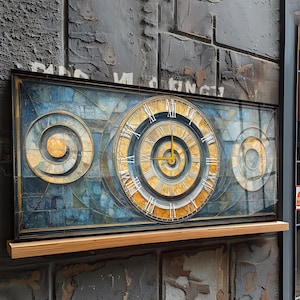 Large Glass Wall Clock, 43x20" Horizontal Tempered Glass Art, Mosaics Vitray Silent Clock, Oversized Art Deco Mediterranean Decor