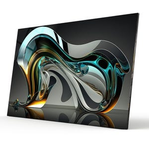 May include: Abstract art print featuring a swirling, flowing design in shades of teal, gold, and silver against a black background.