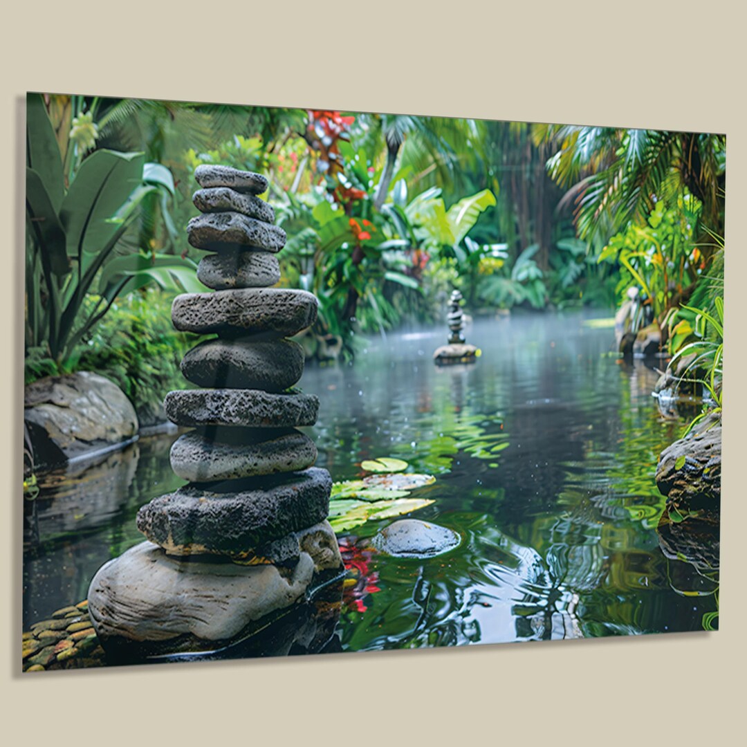 Large Glass Wall Art, Zen Stone Towers in Tropical Pond, Tempered Glass ...