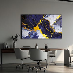 Navy Blue and Gold Marble Glass Wall Art: Modern Abstract Panel