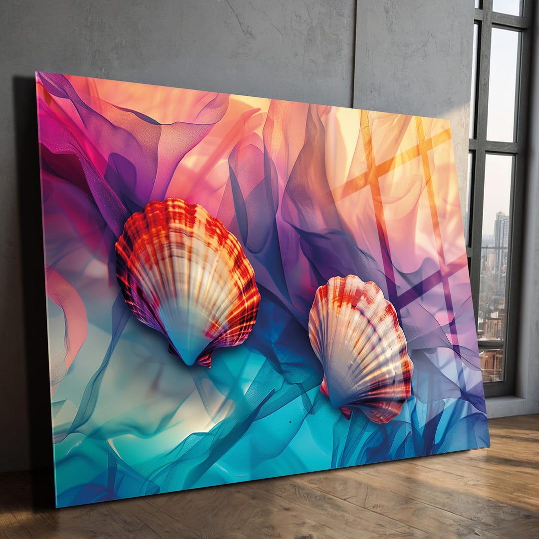 Seashell Tempered Glass Wall Art - Colorful Coastal Ocean Print ...