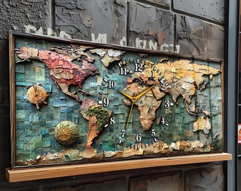 ヴィンテージの世界地図ガラス時計 - カラフルな大きな壁アート - Etsy