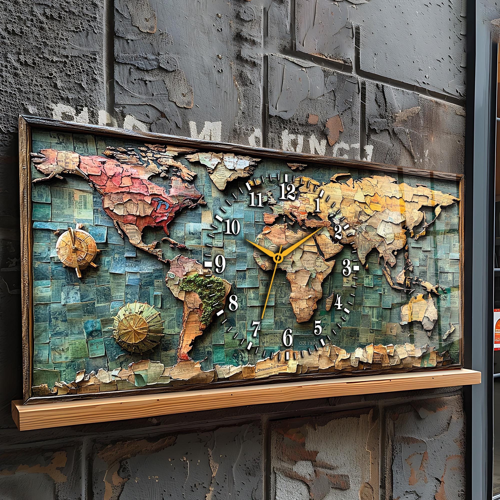 ヴィンテージの世界地図ガラス時計 - カラフルな大きな壁アート - Etsy