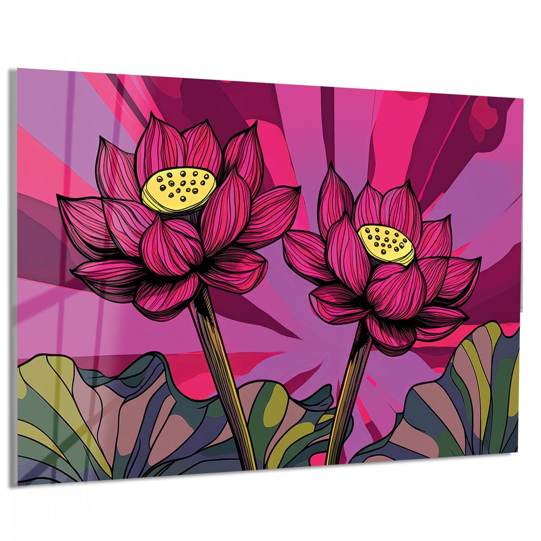 Pink Lotus Flower Glass Wall Art, Floral Tempered Glass Art, Modern ...