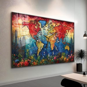 May include: A large rectangular wall clock with a world map design. The clock face has gold hands and numerals. The artwork includes a cityscape and floral elements, with a vibrant colour palette of red, blue, yellow, and green. The clock is mounted on a wall.