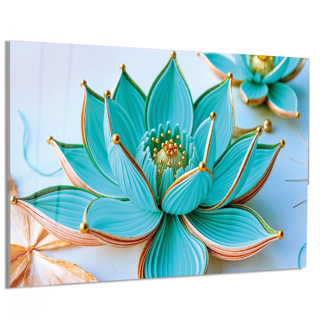 3D Lotus Flower Glass Art • Luxury Turquoise Gold Design • Horizontal ...