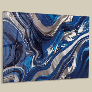 Oversized Tempered Glass Wall Art, Luxury Blue Fluid Marble Agate Shiny Silver Foil Veins Abstract Printing, Sofa Decor Set of 3