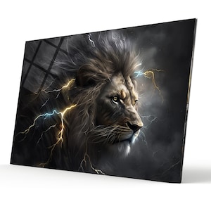 Tempered Glass Wall Art Animals Gold Lion -Office Gift-Home Gift- Extra Large Wall Art Home Decor İdea Lion Wall Decor