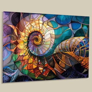Extra grote gehard glas muurkunst, luxe Nautilus spiraalmozaïek abstract glas-in-lood kleurrijke geometrische print, bank decor set van 3