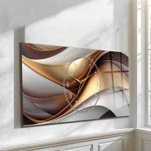 Panoramisk extra stor väggklocka i glas, modern abstrakt konst i brons och guld, härdad överdimensionerad väggklocka, tyst lyxig klocka