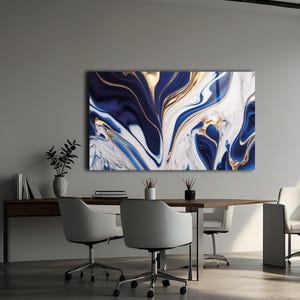 Luxury Navy Blue & Gold Abstract Tempered Glass Wall Art – Modern Glossy Marble Effect Panel