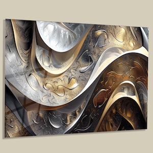 Extra grote muurkunst van gehard glas, luxe 3D-golvend metallic zilver goud brons laag abstracte textuur art nouveau uv-print, sofaset van 3