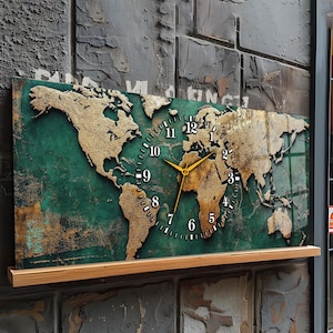 May include: A rectangular wall clock with a world map design. The clock face is integrated into the map, with gold continents against a distressed green background. The clock hands are gold, and the numbers are black.