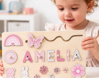Aangepaste babynaampuzzel, gepersonaliseerd kinderbord, houten montessorispeelgoed, peuterspeelgoed voor baby, 1e verjaardagscadeau meisje, cadeau 2 jaar oud