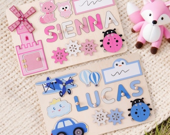 Rompecabezas personalizado con nombre de bebé, tablero de actividades personalizado para niños, juguetes de madera con forma de animal, regalo de cumpleaños para bebé, regalo de Navidad para la primera Navidad.