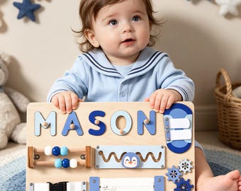 Personalized Baby Name Puzzle, Kids Busy Board, Wooden Toddler Toys, Custom Baby Boy 1st Birthday Gift, Baby Shower Gift, 1st Christmas Gift