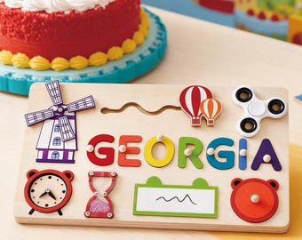 Personalisiertes Baby Namenspuzzle, Kinder beschäftigt Brett, Lernpuzzle Spielzeuggeschenk, personalisiertes 1. Baby-Geburtstagsgeschenk, hölzernes Baby Jungen- und Mädchengeschenk
