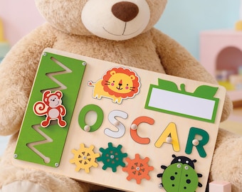 Rompecabezas personalizado con el nombre del bebé, tablero de actividades personalizado para el aprendizaje temprano de los niños, juguetes de madera con forma de animales, regalo de cumpleaños para bebés, regalos de cumpleaños para niños de 1 año.