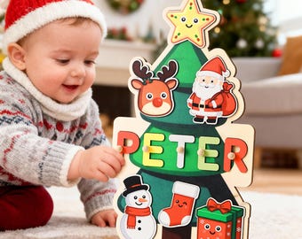 Rompecabezas personalizado con nombre de bebé, tablero de actividades personalizado para niños, rompecabezas de aprendizaje temprano, rompecabezas de madera para niños pequeños, regalo de cumpleaños para bebé, regalo de primera Navidad