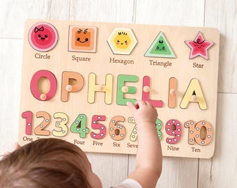 Rompecabezas personalizado con el nombre del bebé, juguete Montessori para aprender formas y números, decoración para la habitación del bebé, regalo de cumpleaños personalizado para niños, regalo para el primer cumpleaños.