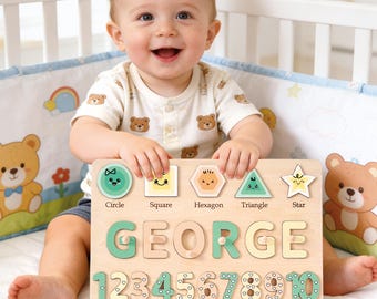 Rompecabezas personalizado con el nombre del bebé, juguete educativo de formas y números, regalo Montessori de madera para bebé, regalo personalizado para el primer cumpleaños de niños, regalo de Navidad para niño.