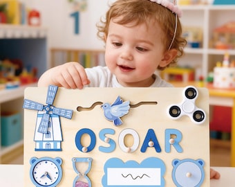 Tablero de actividades personalizado con nombre de bebé, juguete Montessori de madera, rompecabezas educativo, regalo personalizado para el primer cumpleaños del bebé, regalo para baby shower